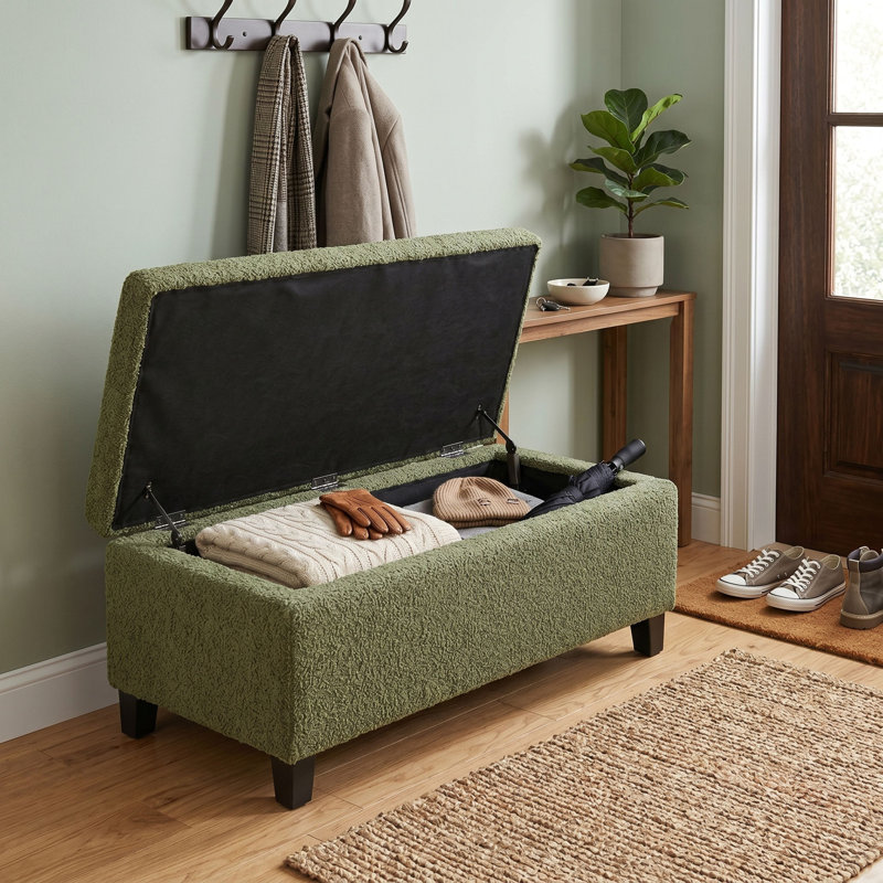 Repose-pieds de rangement avec couvercle rabattable, assemblage facile, pieds bouclés en tissu et bois d'hévéa, vert rétro