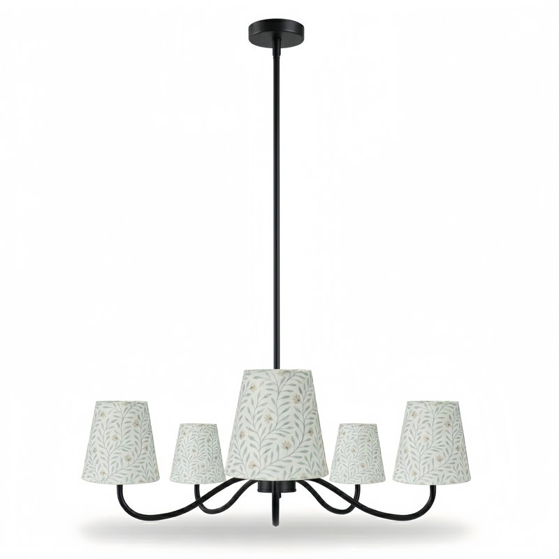 5-Light 32"W Matte Black & White Burlap Modern Farmhouse Chandelier With Kd Shades For Dining Room, Matte Black, Pink