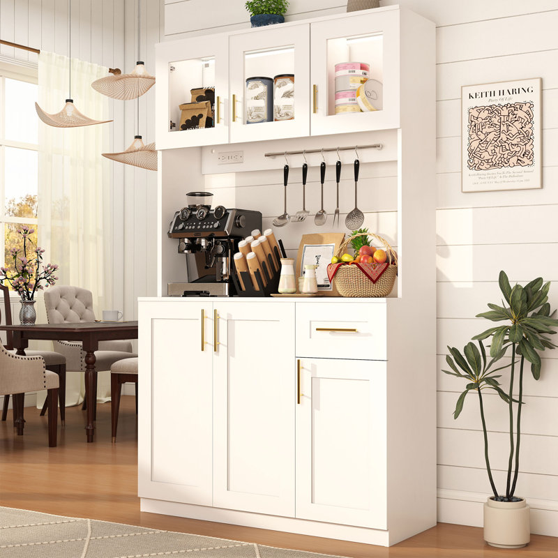 71'' H Kitchen Pantry Cabinet with Power Outlet, Hutch, Glass Doors & Drawer, White