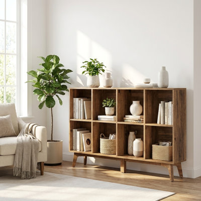 Modern 8-Cube 2-Tier Open Bookshelf, Freestanding Storage Display Cabinet With Raised Wooden Legs