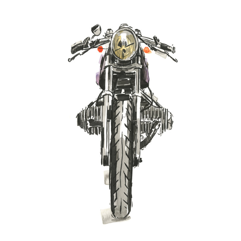 «Motorcycles In Ink II» par Annie Warren - peinture sur toile tendue, H 36 po x l 24 po