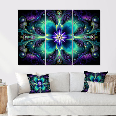 Turquoise néon fractal fleurs I - ensemble d'art mural mandala boho