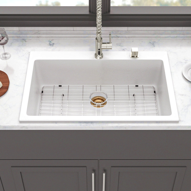 Quartz Kitchen Sink - 33X22" White Granite Composite Drop-In Kitchen Sink, White