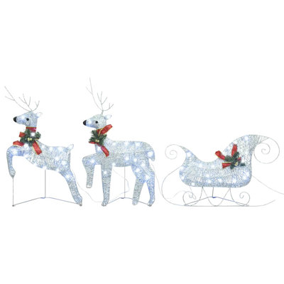 Reindeer and Sleigh Set Silver and Red Set of 2 Outdoor Christmas Decor Holiday Lawn