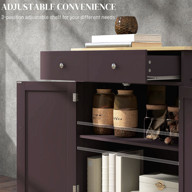 Armoire à café avec comptoir en bois massif - 2 tiroirs, portes, tablette réglable pour rangement