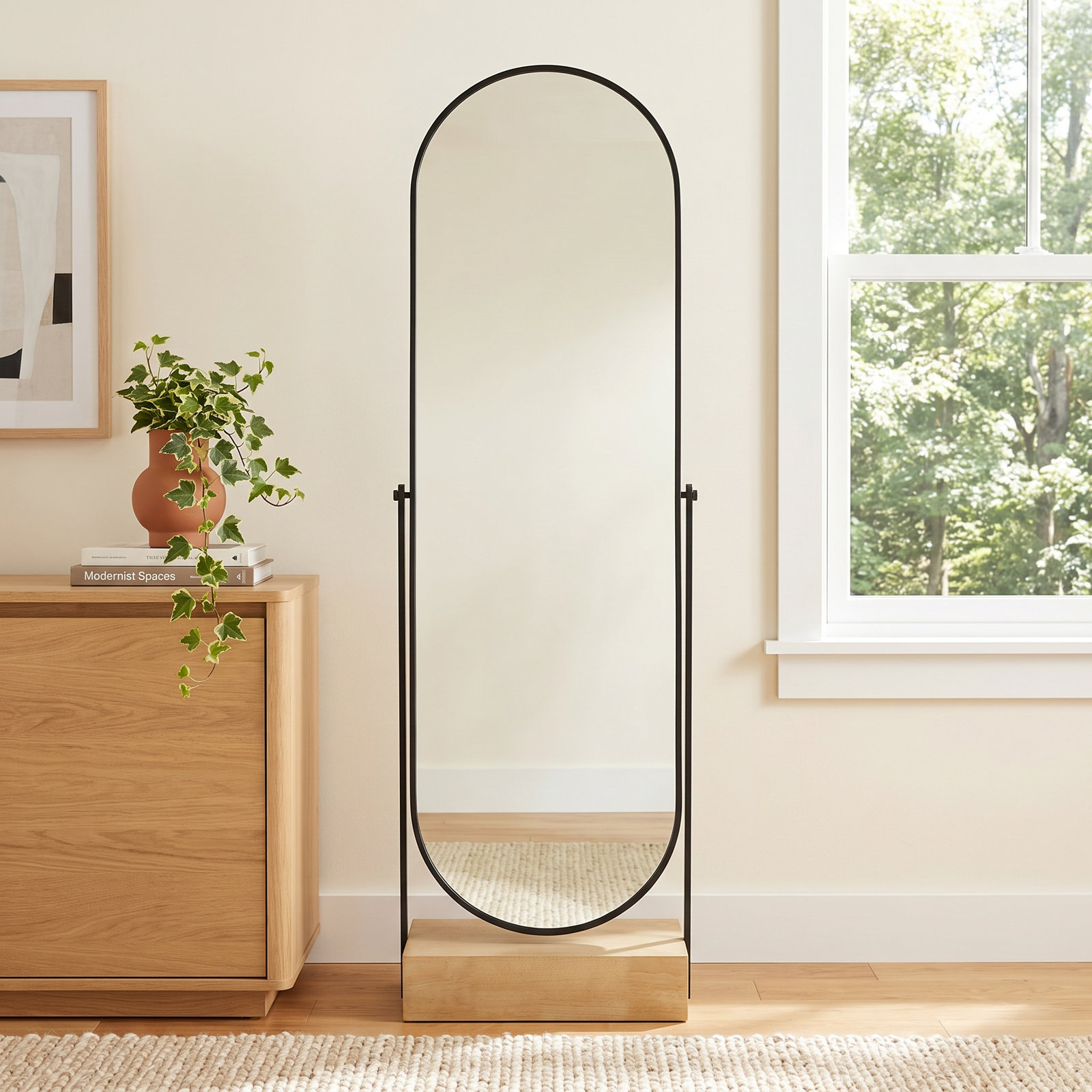 Daru Wooden Oval Shaped Black Floor Mirror with Brown Wood Base