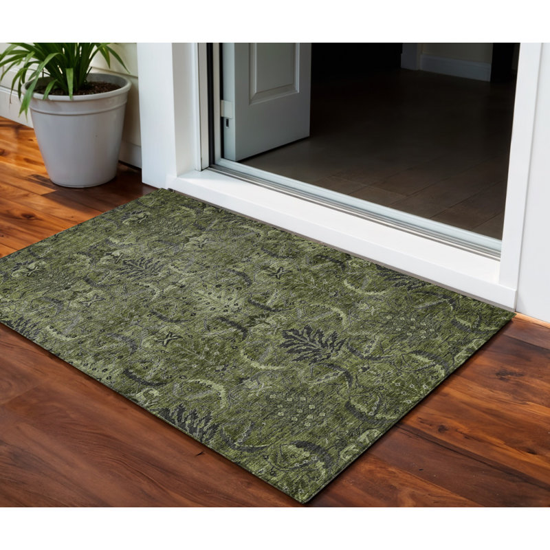 3' X 5' Olive Green And Charcoal Damask Washable Indoor Outdoor Area Rug