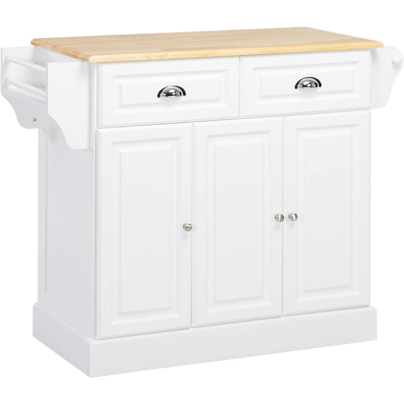Kitchen Island With Storage, Rolling Kitchen Serving Cart With Rubber Wood Top, Towel Rack, Spice Rack, Storage Drawer And Cabinet