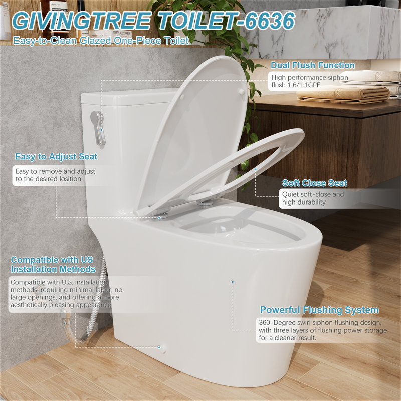 1.1/1.6 GPF Dual-Flush Elongated One-Piece Skirted Toilet (Seat Included), Glossy White, Left