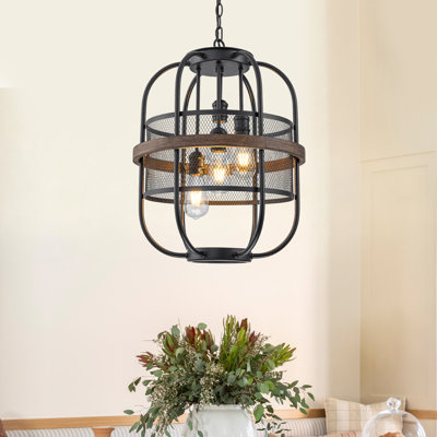 Luminaire suspendu campagnard industriel 17,3 po à 4 lumières avec décorations en bois patiné | Lustre noir mat | Hauteur réglable de 25,6 po à 104,3 po pour la salle à manger et l'îlot de cuisine