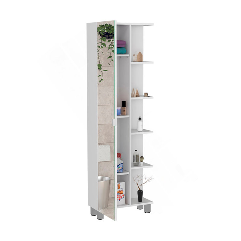 Urano Mirror Linen Cabinet, Four Interior  Shelves, Five External Shelves -White