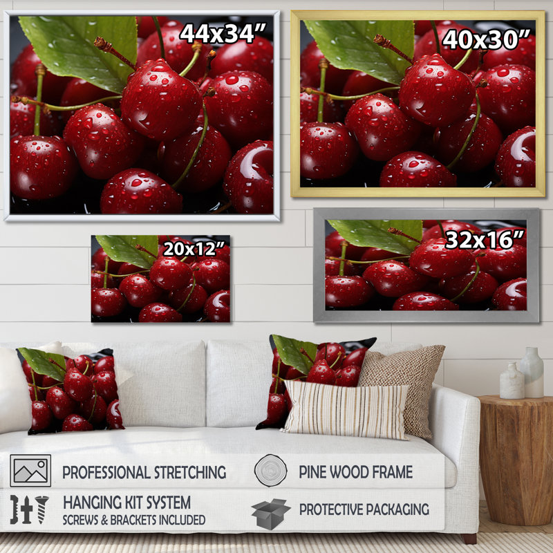 Cherry Macro Food - impressions sur toile cerise, H 16 po x l 32 po x P 1 po, Cadre flottant doré