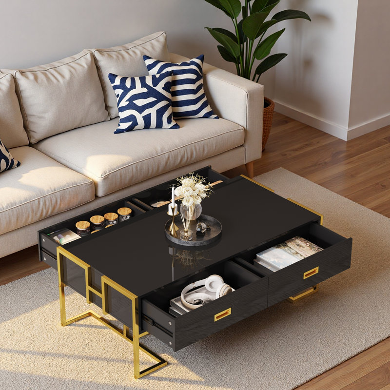 Table basse moderne moderne avec 4 tiroirs et base dorée, Noir