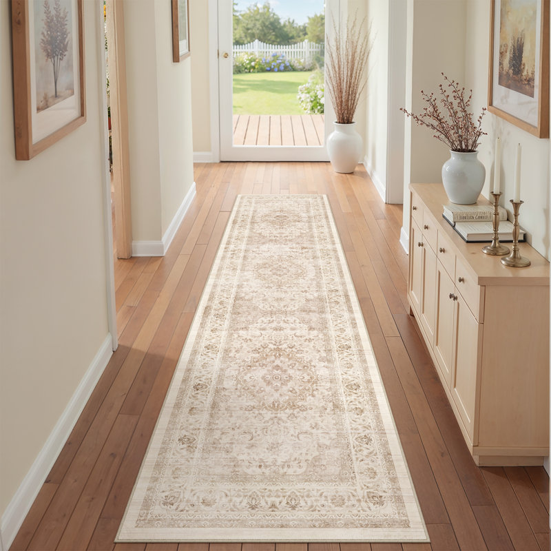 Stella Oriental Beige Area Rug with Non-Slip Backing & Roll-Pack Design, Runner 2' x 8'