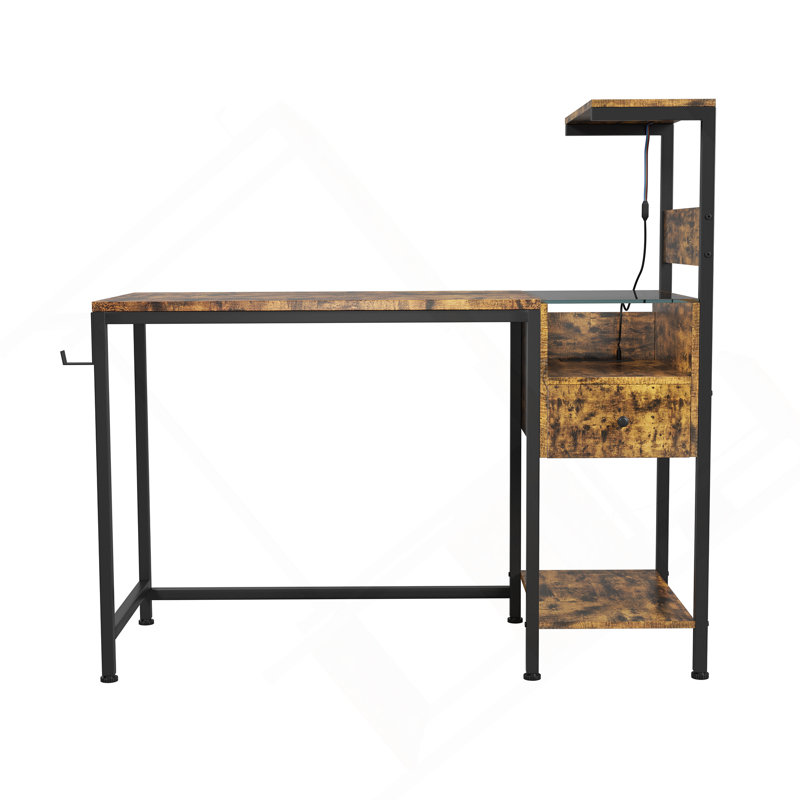 Brown Computer Desk With Power Outlet, USB Charging Station, And Storage Shelves For Home Office Or Study | Gift Idea