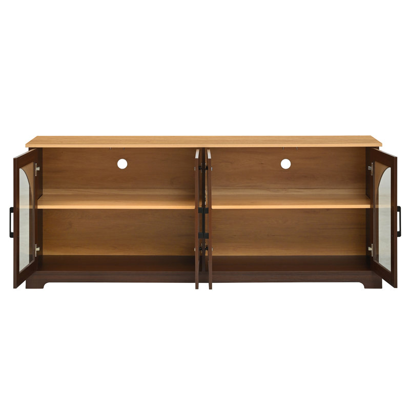 Rune Wood TV Stand with Semi-Arched Glass Doors &  Adjustable Shelves for TVs Up to 70", Walnut