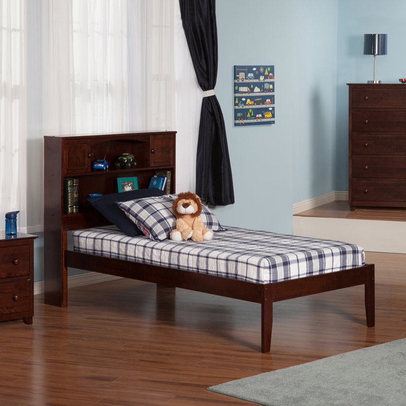 Lampley Solid Wood Platform Bed with Bookcase, Twin, Walnut
