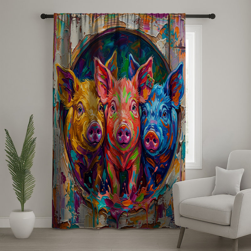 Colourful Pig Trio Window Curtains, Pigs Sheer & Blockout Curtains - 1 Panel, Sheer, 50" x 80" - 1 Panel