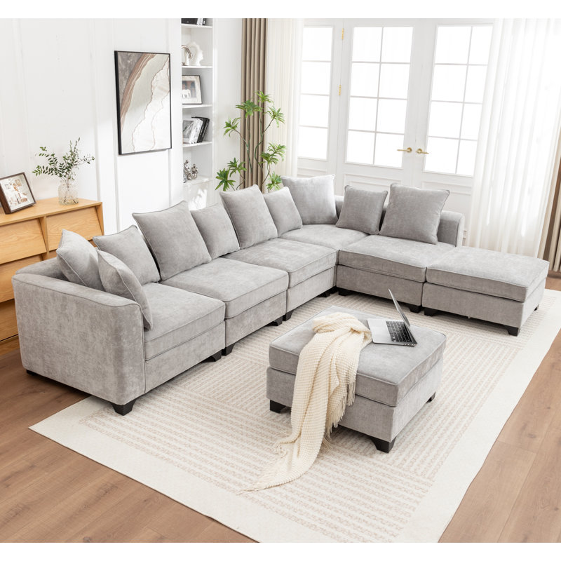 Bennett 7-Piece L-Shaped Sectional Sofa, Gray Chenille