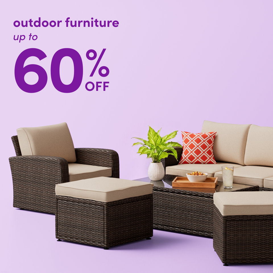 Outdoor furniture on sale for up to 60 percent off, featuring a patio set with a wicker sofa, matching chairs, and ottomans against a light purple background.