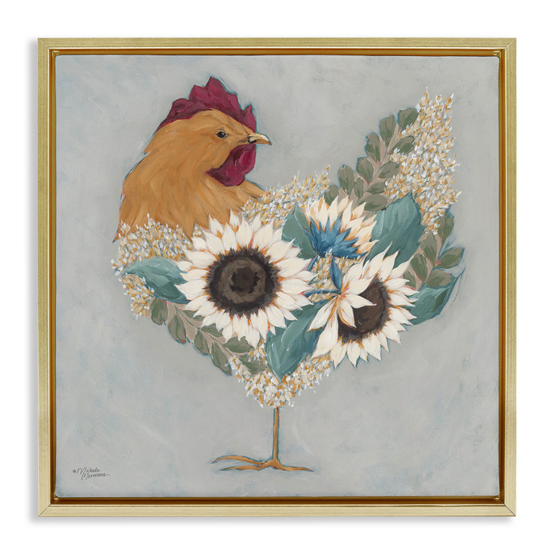 Coq avec des fleurs florales superposées, H 18 po x l 18 po, Cadre flottant métallique doré