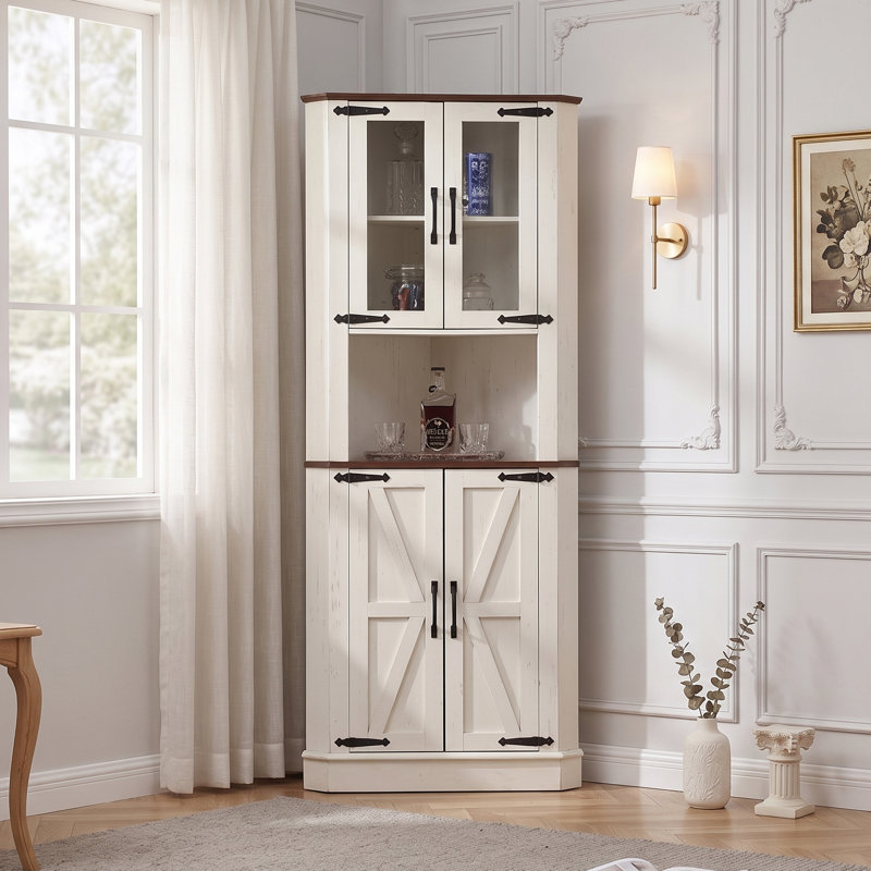  Armoire de coin haute de 66,92 po avec tablettes réglables pour un excellent rangement, armoire de rangement hexagonale pour salle de bain, salon et cuisine, blanc cassé