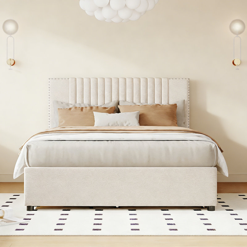 Lit plateforme double tapissier pleine grandeur avec 2 tiroirs et 1 lit gigogne simple, tête de lit classique, beige, Beige