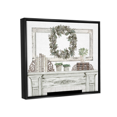 Stupell Industries Festive Wreath Cozy Fireplace Mantel Rustic Design By Cindy Jacobs - Floater Frame Rectangle Print O In Jet Black Floater Frame