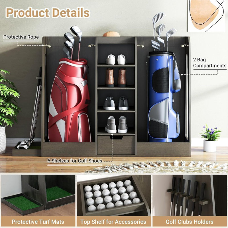 Organisateur de sac de golf en bois 55,5 po avec supports pour club - support de rangement gris pour 2 sacs, 12 clubs et chaussures, support de golf facile à assembler