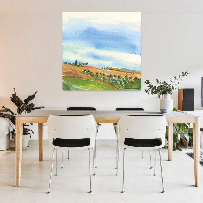 Art contemporain de champs toscans avec des champs bleus, H 36 po x l 36 po
