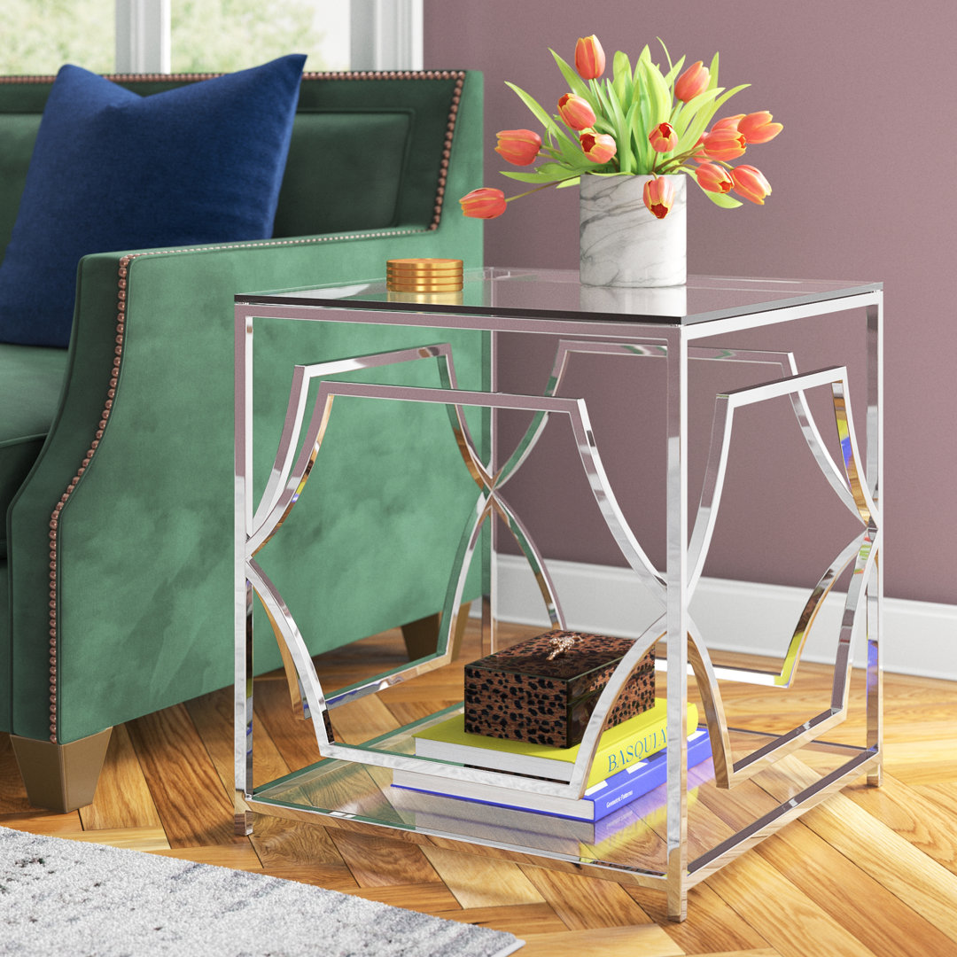 Benson Edward Glass End Table with Storage - Modern Glam Square Side Table – Tempered Glass Top with Steel Frame for Living Room or Bedroom Etta Avenue™ 