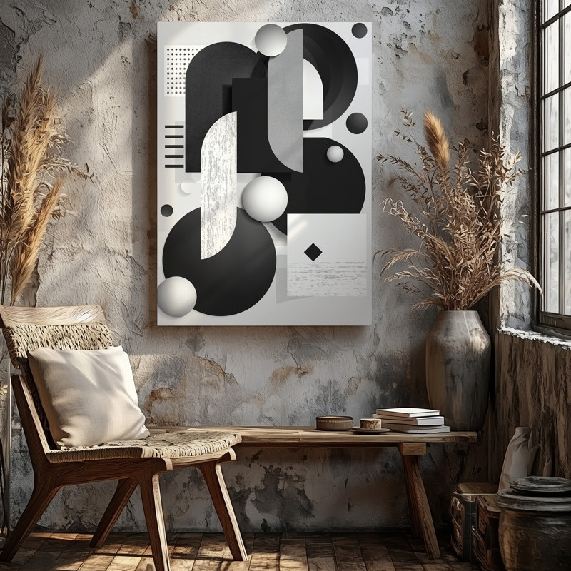 "Toile", créant une composition abstraite monochrome visuellement frappante avec une variété d'art mural de formes géométriques incluant des cercles