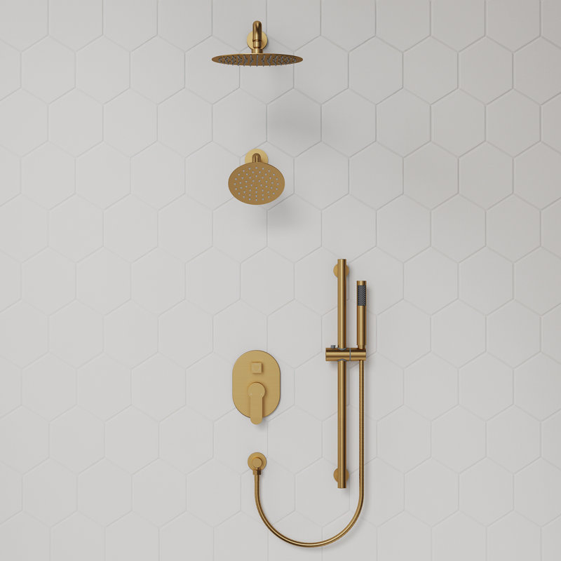 Système de douche à pression équilibrée, douchette à double effet de pluie 10 po avec douche à main, Or brossé