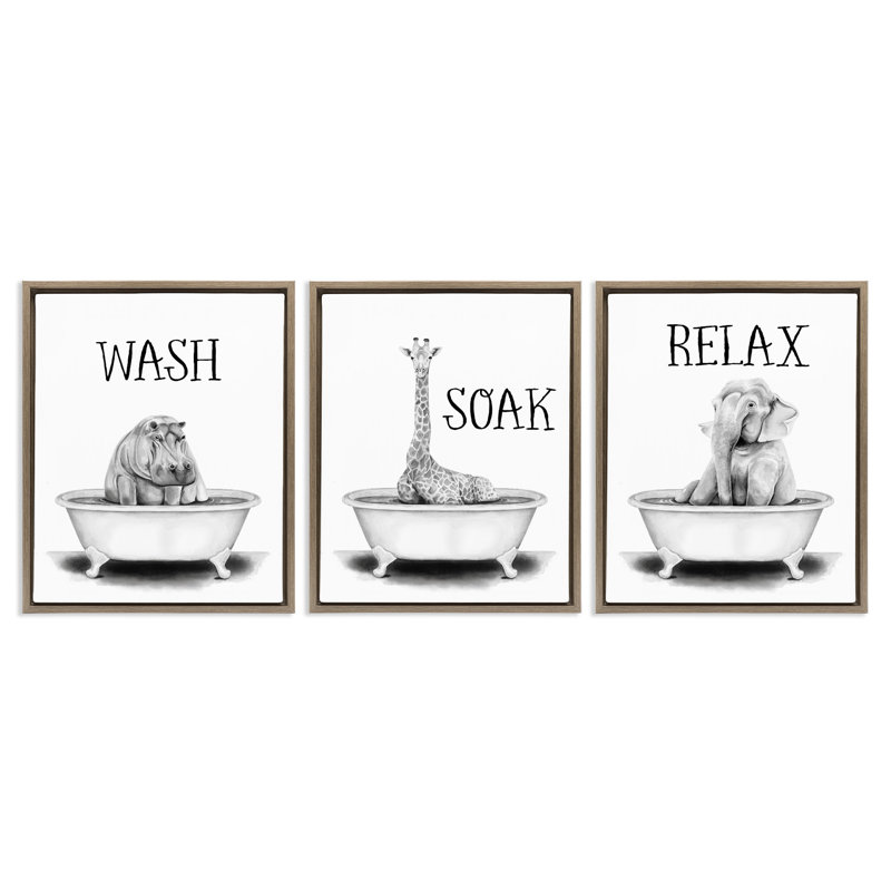 «Wash Soak Relax Jungle Animals», ensemble de 3 toiles flottantes encadrées à grain brun par Rachel Nieman, H 21 po x l 17 po