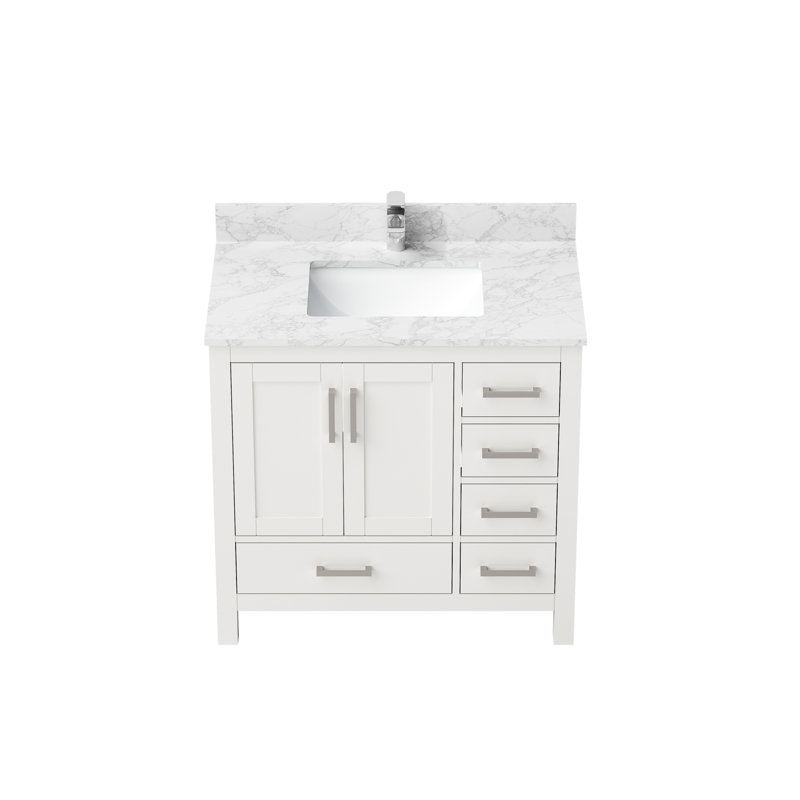 Armoire de salle de bain autoportante blanche de 35 po avec lavabo et trou de robinet, contreplaqué de bois massif, fermeture en douceur sans effort, lavabo en céramique facile à nettoyer, grand rangement, comptoirs, meuble-lavabo et