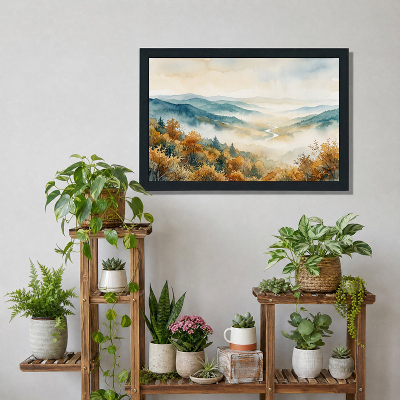 Tableau mural à l'aquarelle sur toile représentant la vallée de la rivière brumeuse et les montagnes d'automne, 20"H x 30"W