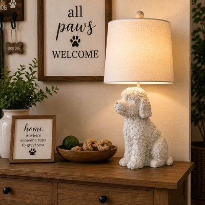 Lampe de table chien en résine avec abat-jour en lin