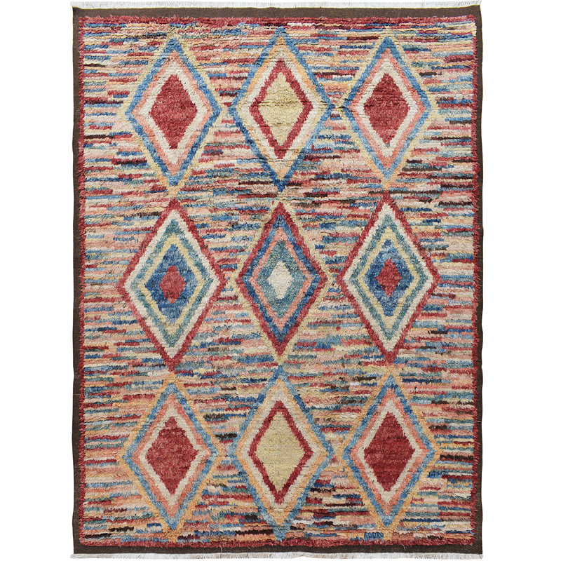 Tapis marocain rouge en laine nouée à la main de style nouvel âge de conception unique 8 pi 3 po x 11 pi 1 po Ponston