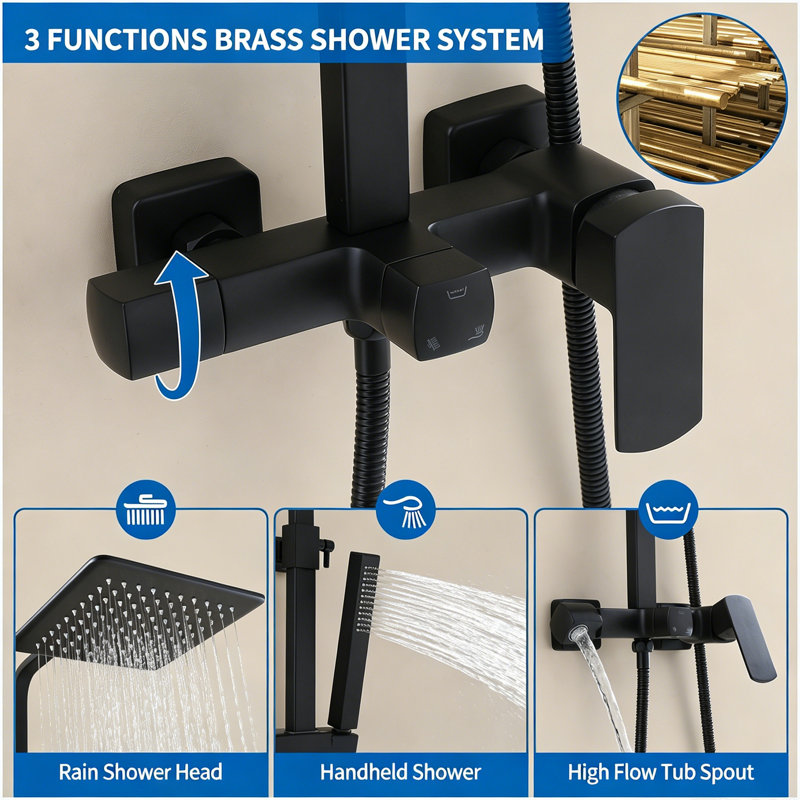 Modern Square Shower System, Rain Shower Head with Handheld Spray and Shower Faucet