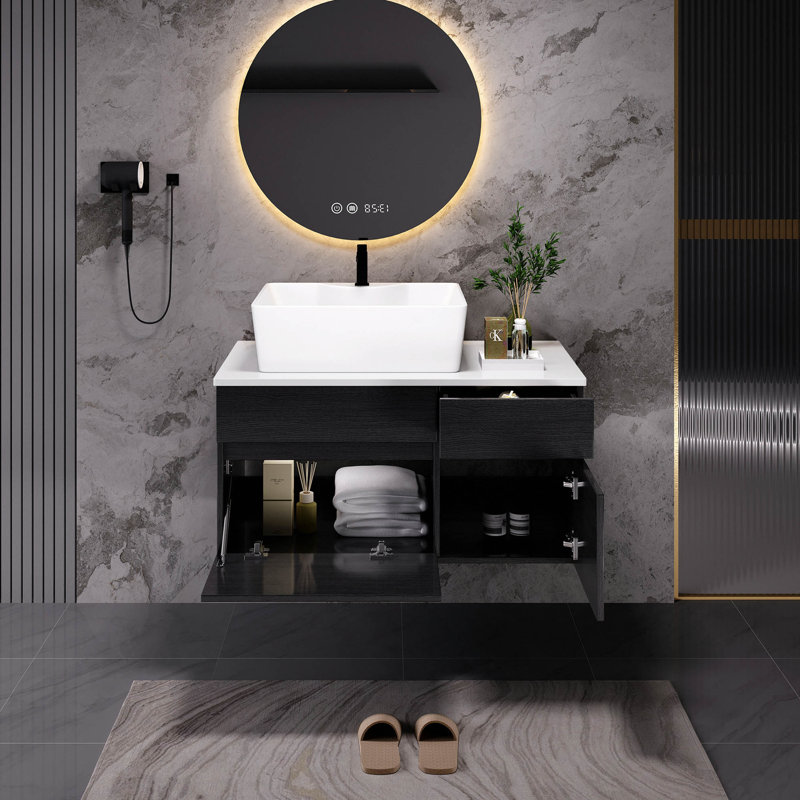 Petit meuble-lavabo flottant simple 31,5 "avec lavabo, Black