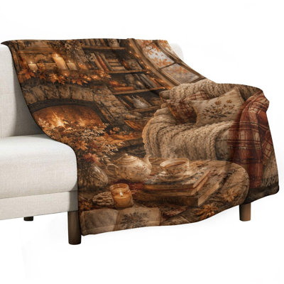 Floral Plaid Autumn Leaves Candlelight Cozy Fireplace Books Luxury Flannel Throw Blanket, Soft Warm Fuzzy Blanket for Living Room Sofa Bed Home Decor