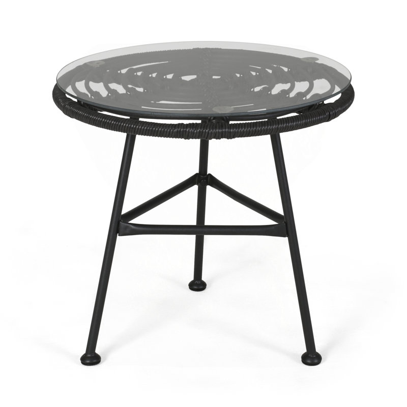 Orlando Outdoor Glass Top Faux Rattan Side Table,Tempered Glass Top End Table For Balcony Porch Deck, Gray