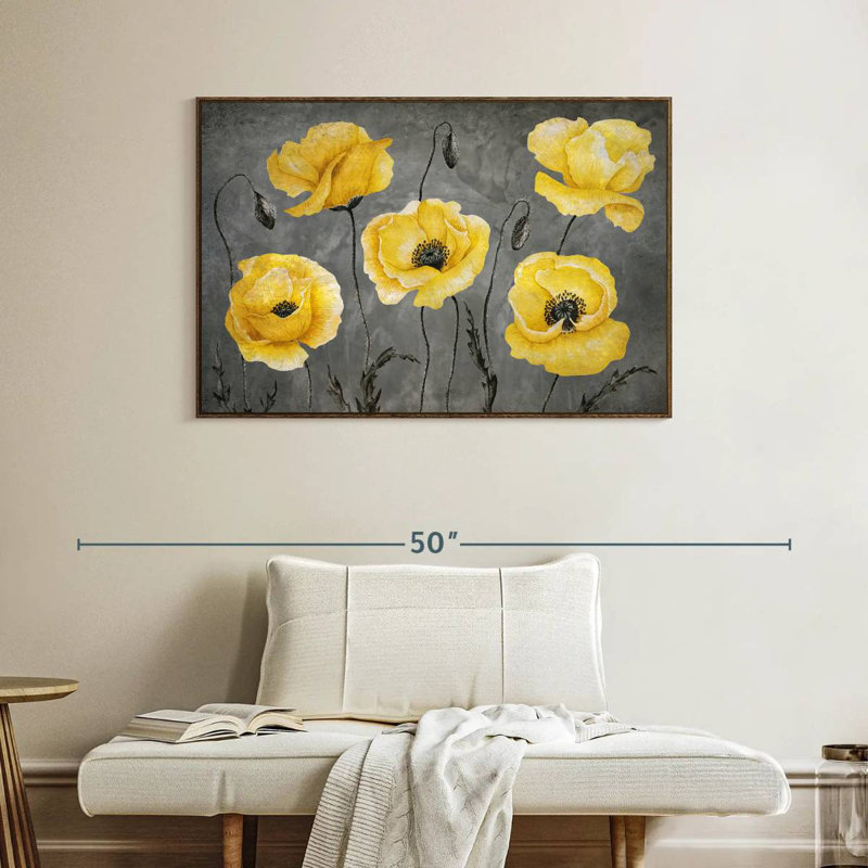 Coquelicots jaunes, Cadre flottant en noyer, 40 po x 27 po