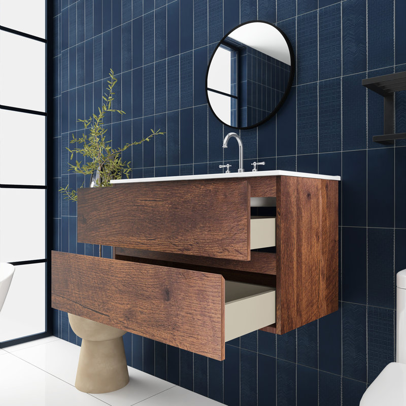 36 In. Wall-Mounted Bathroom Vanity With Integrated Ceramic Sink, Brown
