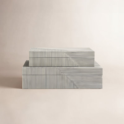 White Resin Ridged Boxes Set of Two - 12" x 8" x 4"