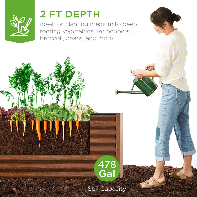 Metal Raised Garden Bed for Outdoor, Wood Grain, 24" H x 96" W x 48" D