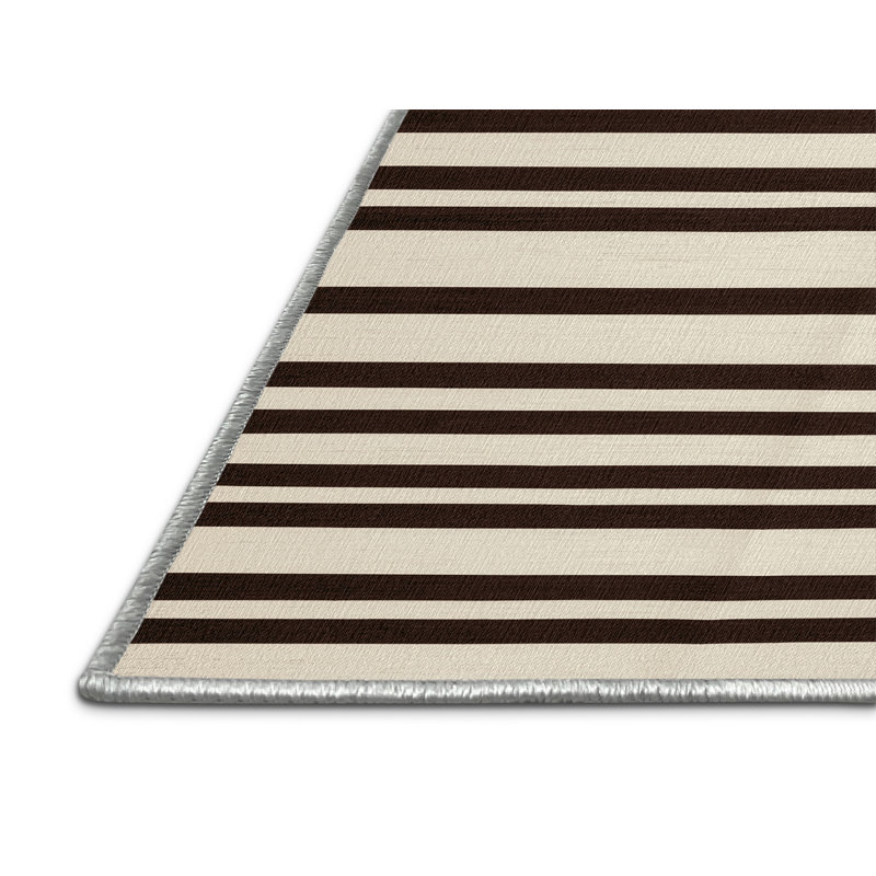 Tapis beige à rayures horizontales lavable à la machine, Rond 6 pi