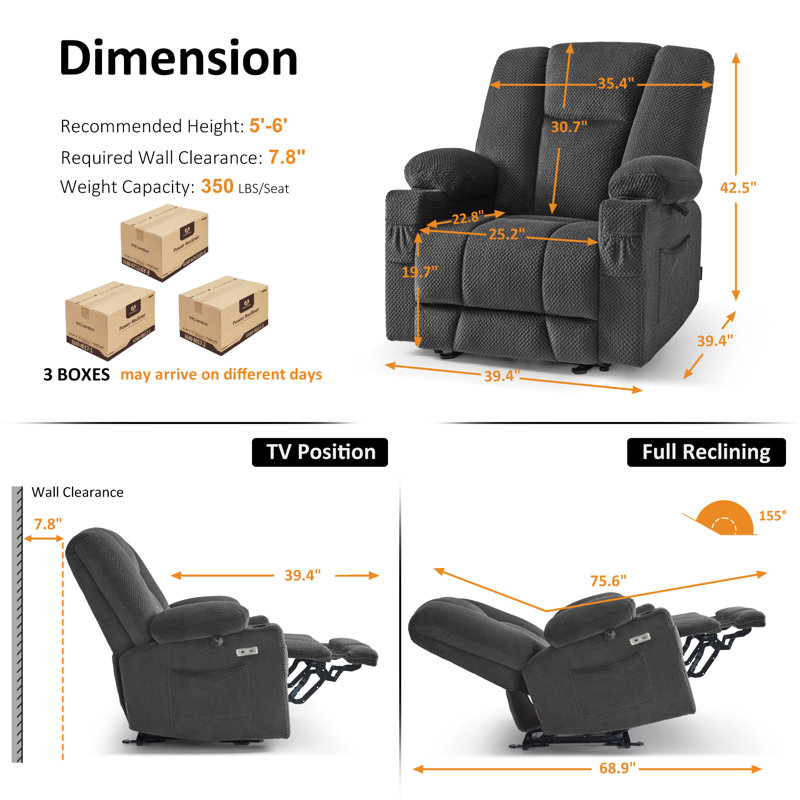 Fauteuil inclinable électrique de 25,2 po de largeur avec massage chauffant et vibrant, Gris