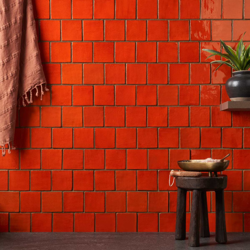 Emery 4x4 Square Handmade Crackled Glossy Terracotta Tile, Orange