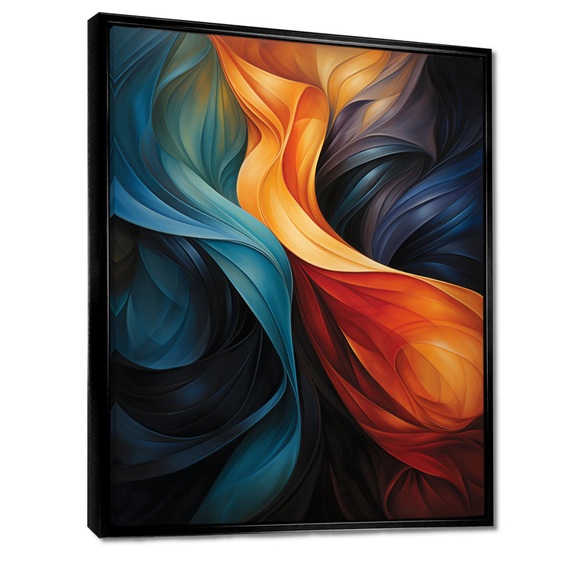 Décoration murale rétro bleu orange liquide - Vagues, H 20 po x l 12 po x P 1 po, Toile avec cadre flottant noir